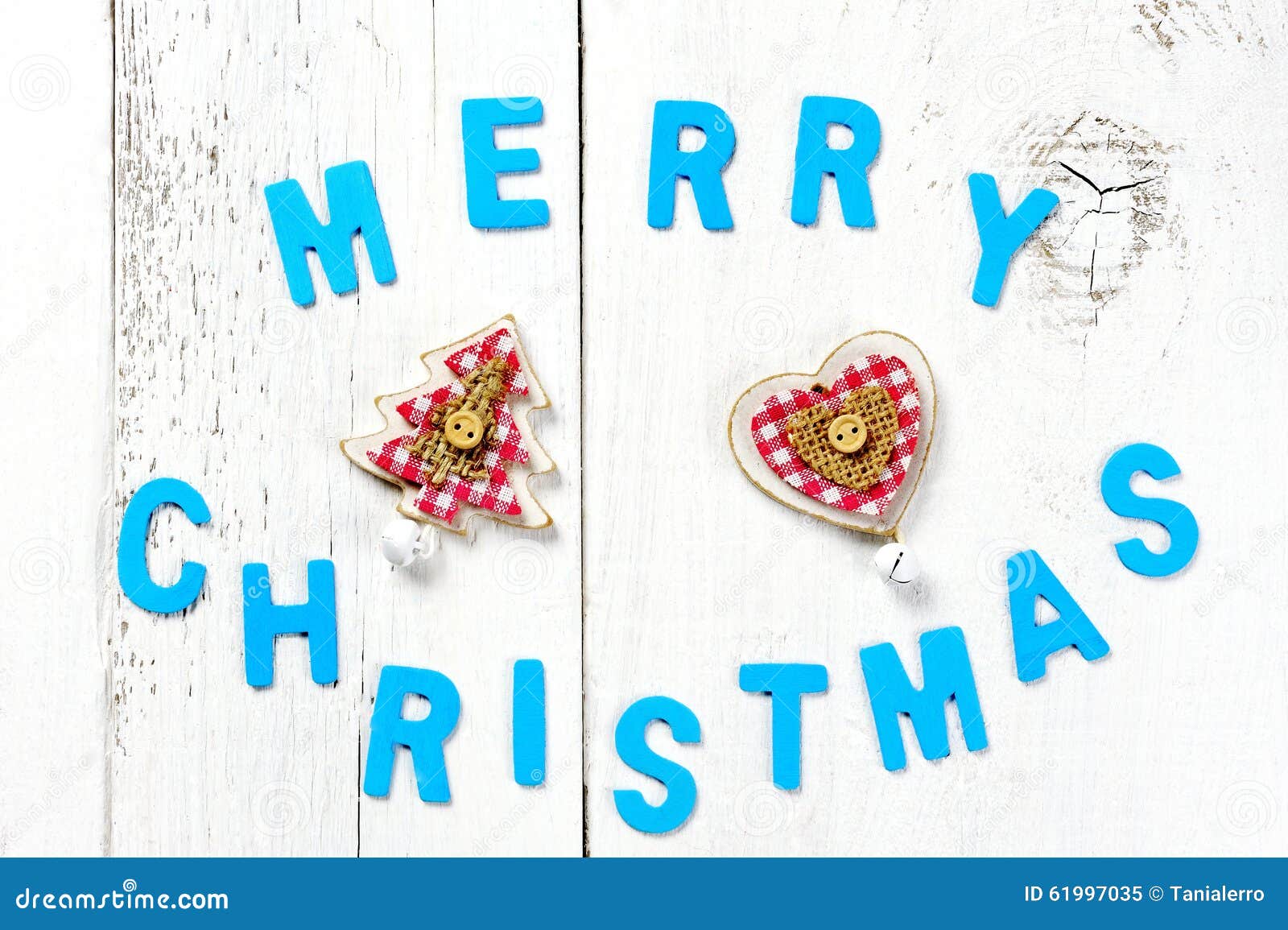 Merry Christmas Words and Decoration on Wooden Background Stock Image