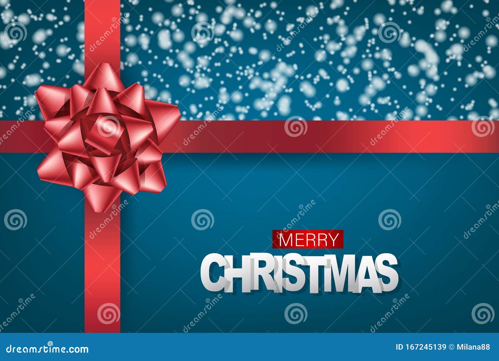 mery christmas banner. xmas and happy new year realistic  concept. red ribbon and bow covered with snow on blue background.