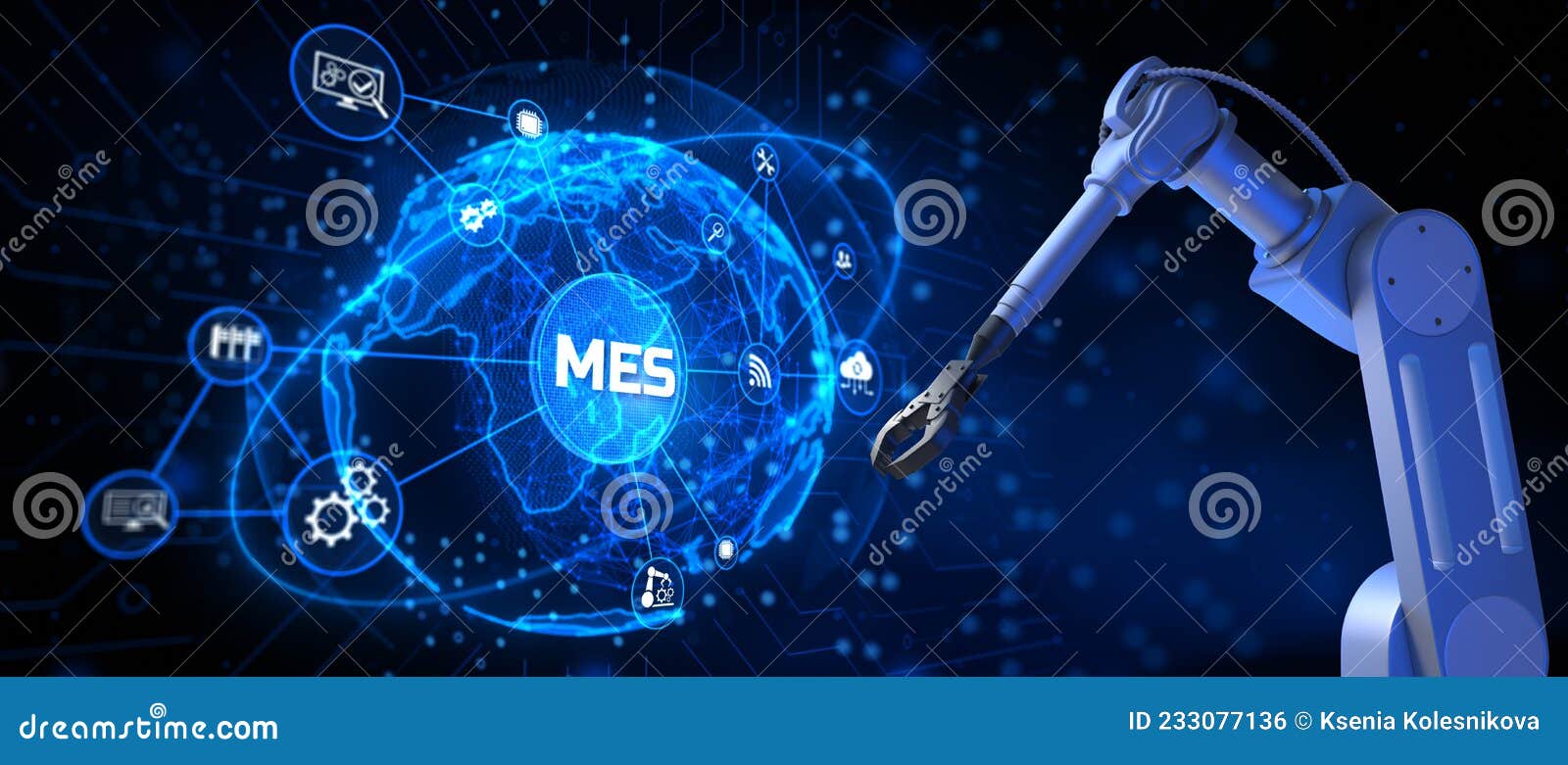 mes manufacturing execution system. business industrial technology concept. cobot 3d render