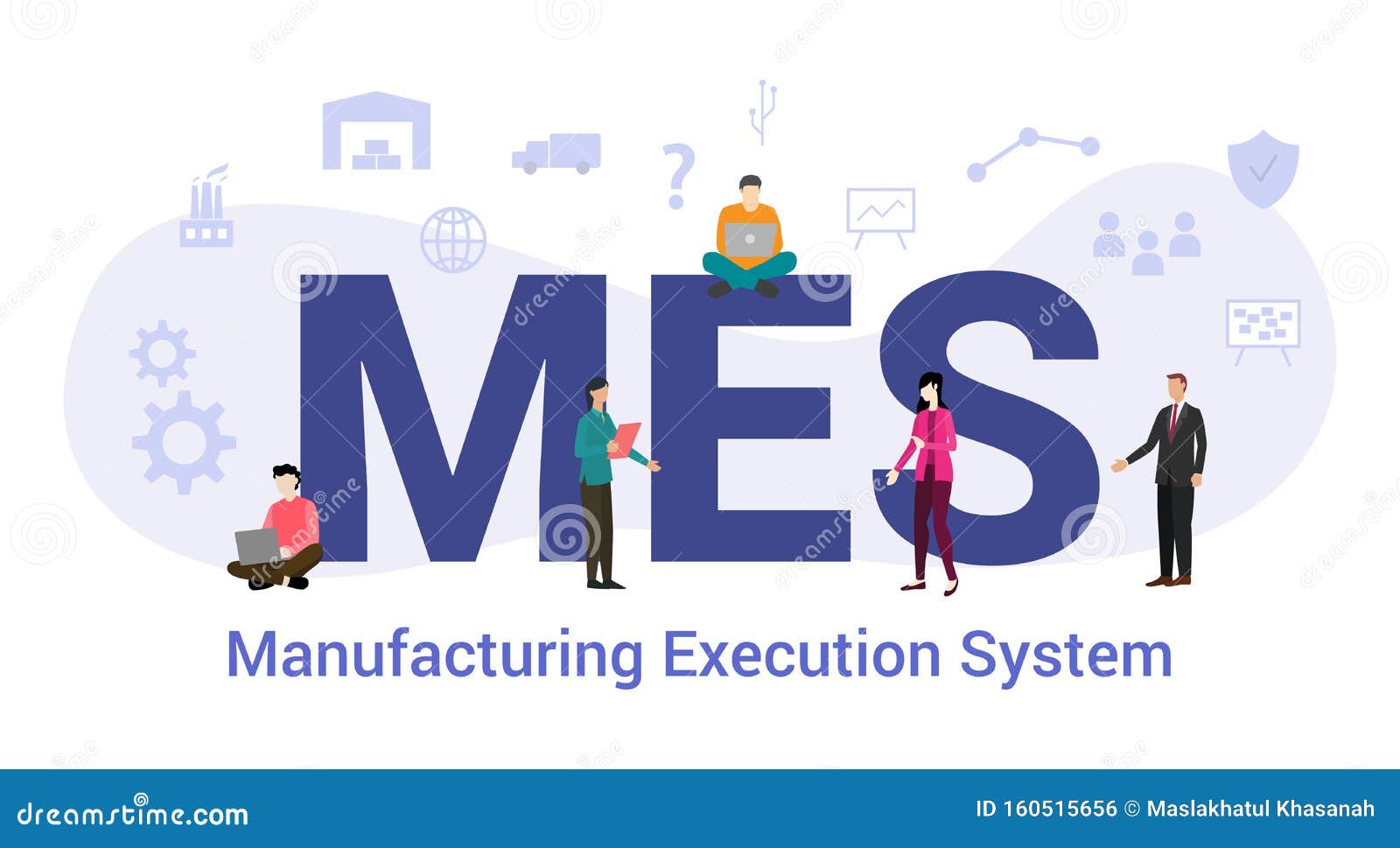 mes manufacturing execution system concept with big word or text and team people with modern flat style - 