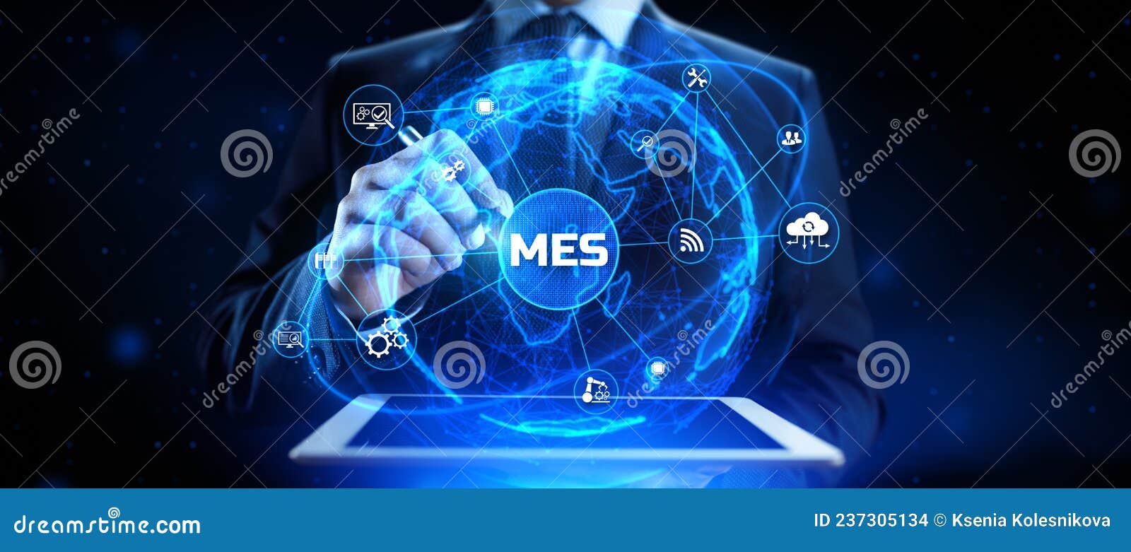 mes manufacturing execution system technology concept on virtual screen