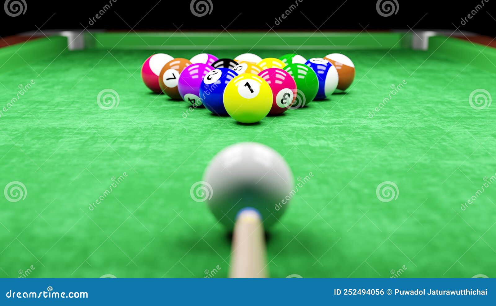 Posição de bolas de jogo de bilhar em uma mesa de bilhar realista