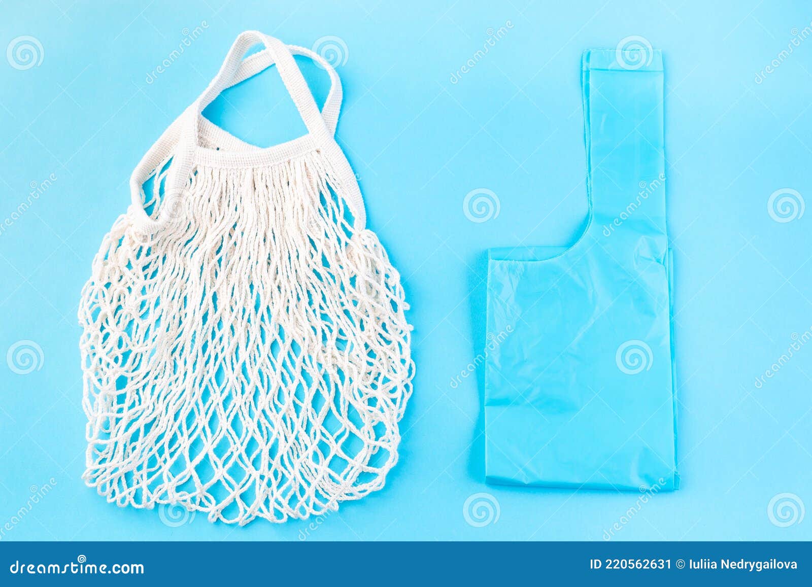 Mesh Bag Vs Plastic Bag on Blue Background, Zero Waste or Plastic Free