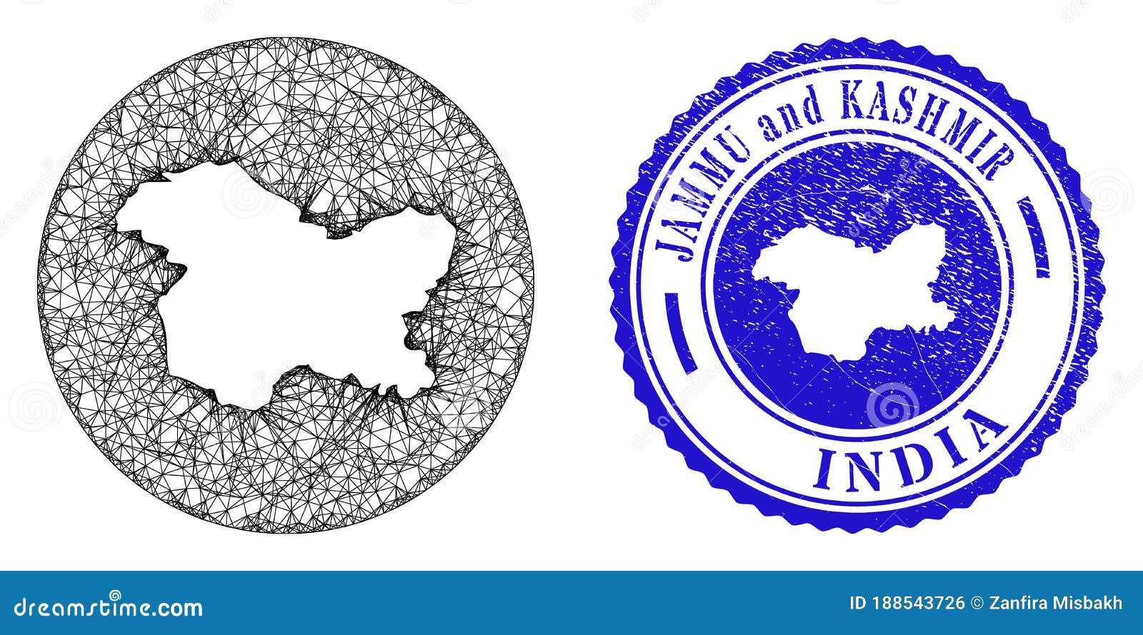 Mesh Carcass Inverted Jammu and Kashmir State Map and Grunge Circle