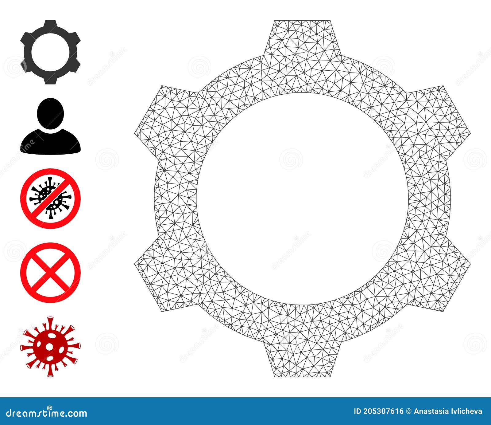 Polygonal Network Gear Icon with Simple Symbols Stock Vector