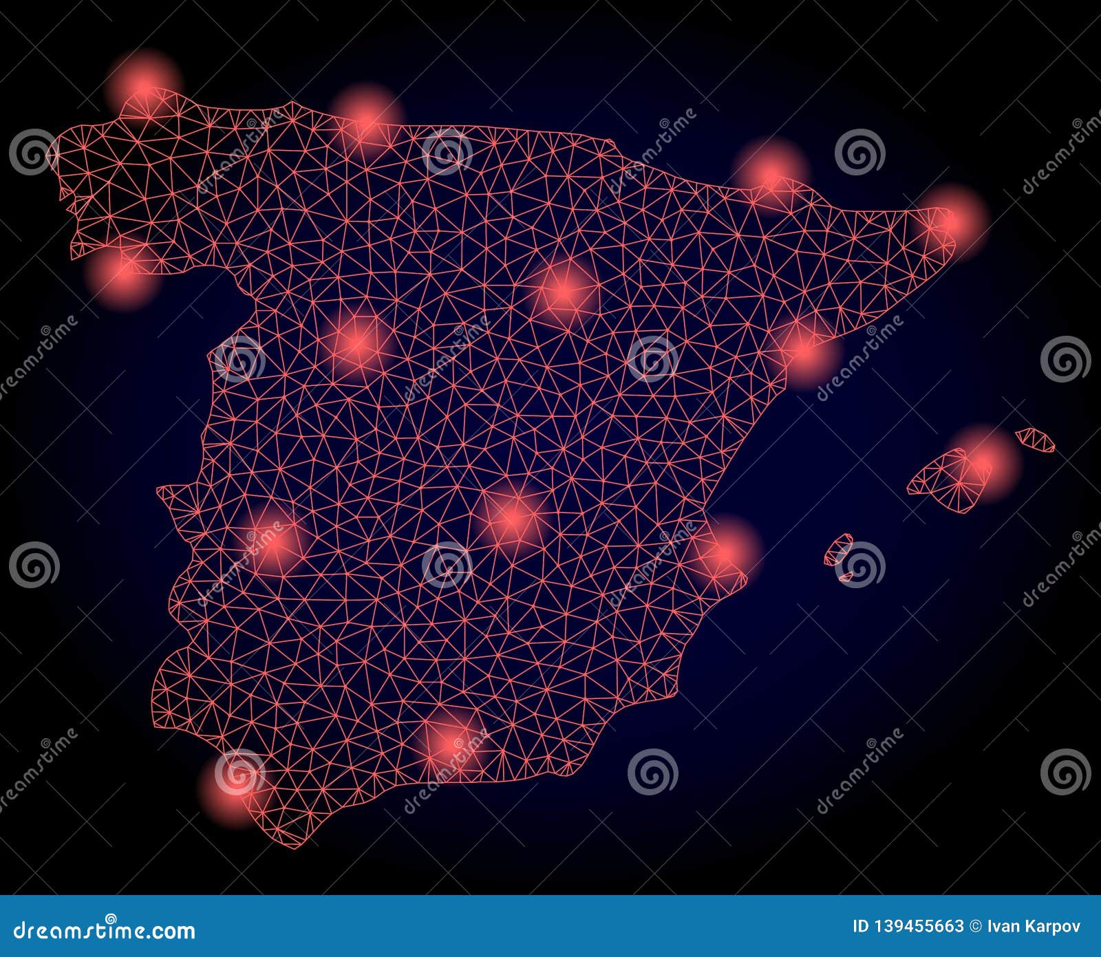 Polygonal Wire Frame Mesh Map of Spain with Red Light Spots Stock