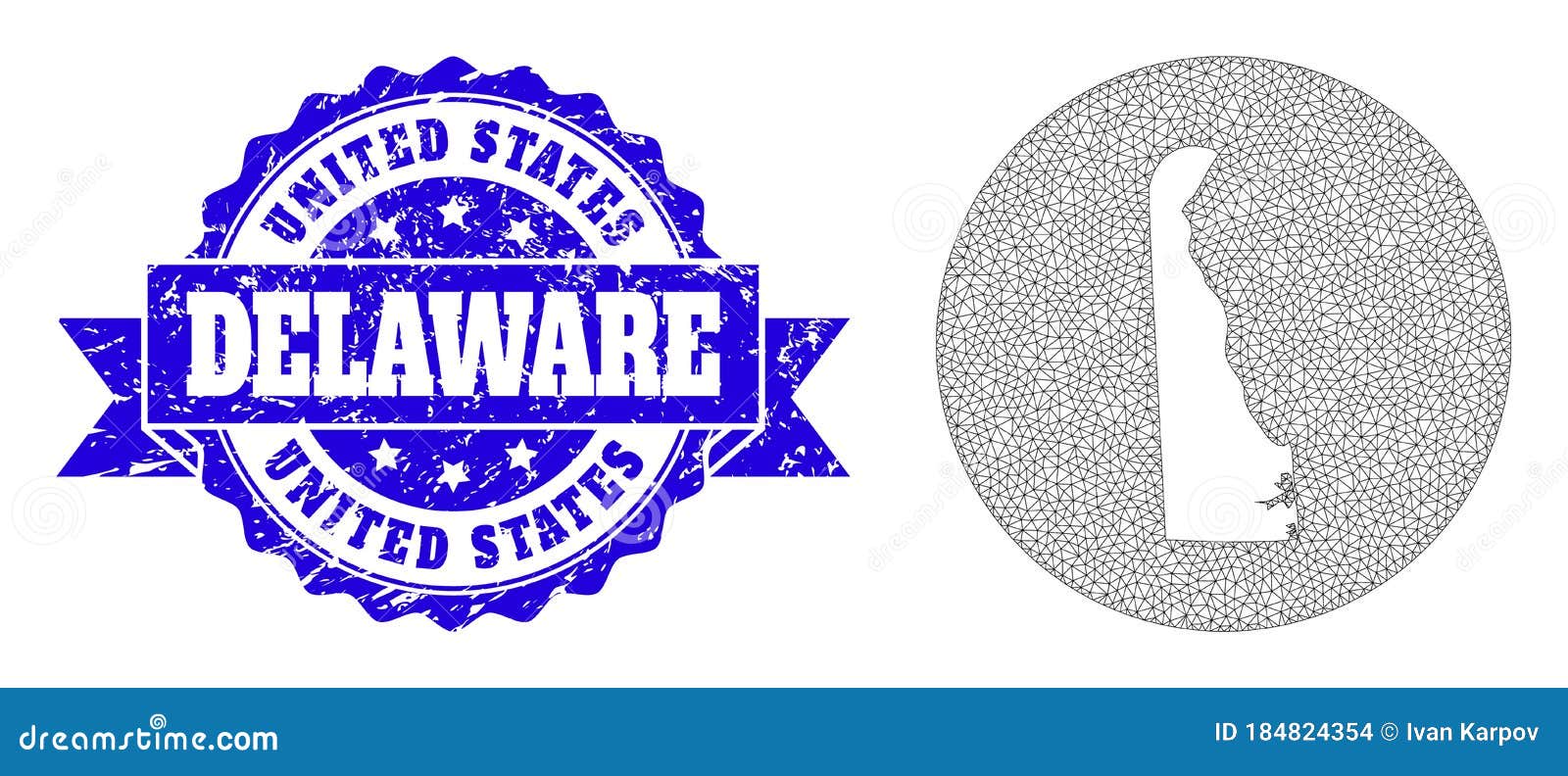 wire frame mesh round inverted map of delaware state with distress stamp seal