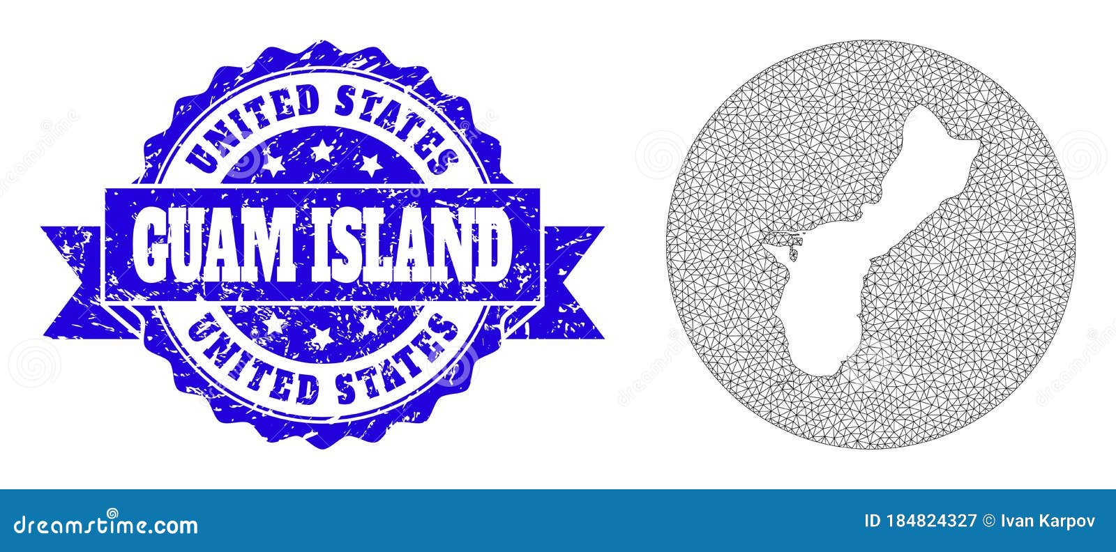 network mesh circle stencils map of guam island with grunge stamp