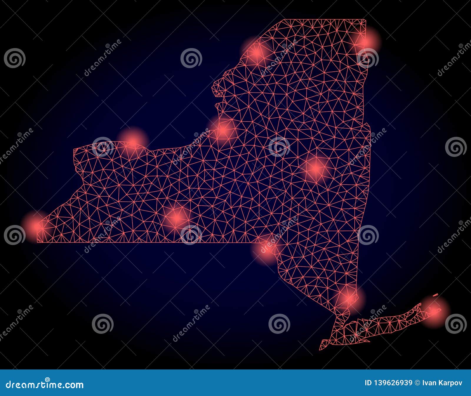 Polygonal 2D Mesh Map of New York State with Red Light Spots Stock Vector Illustration of