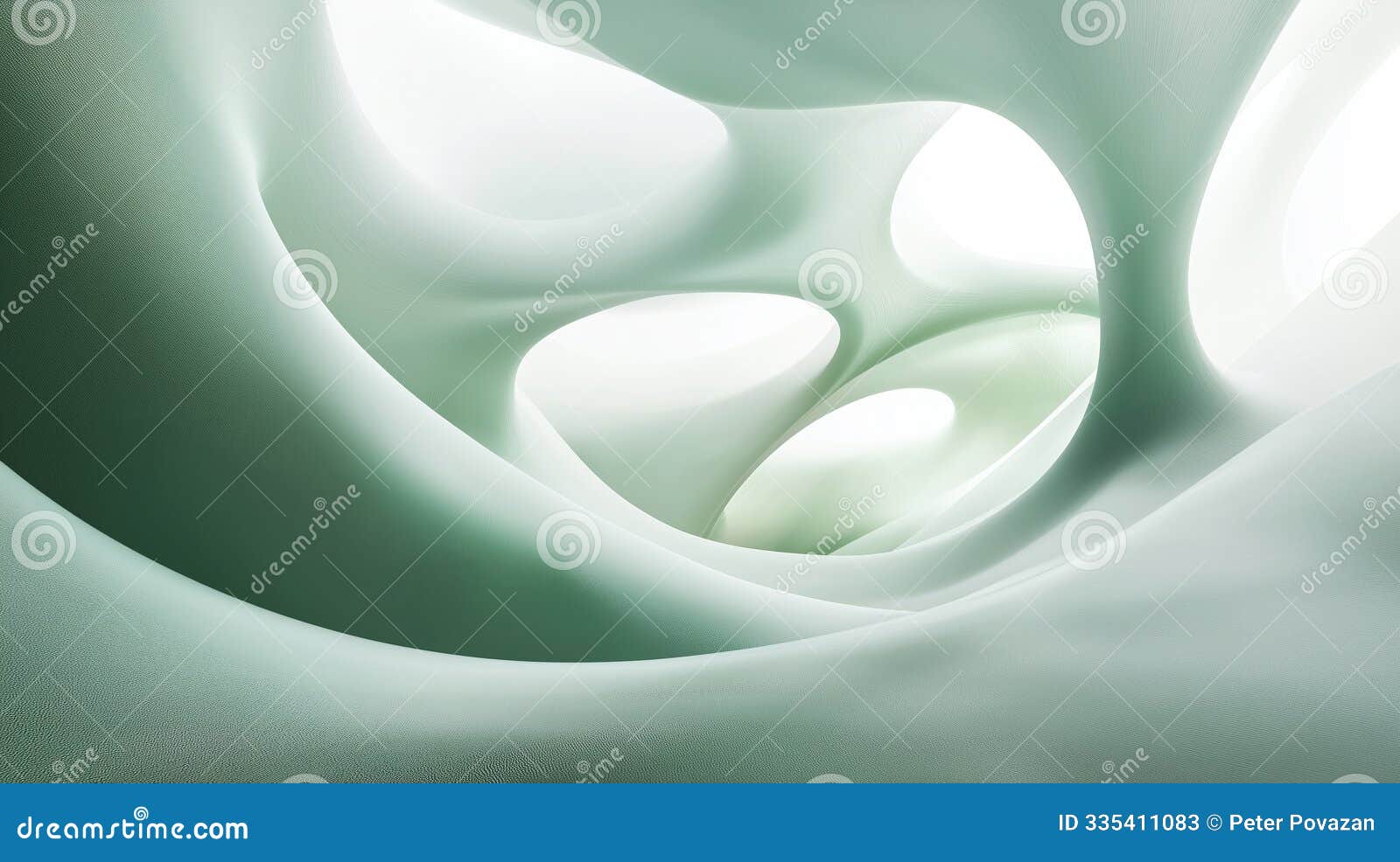 abstract layered cave-like structure with smooth, organic curves in soft green and white tones