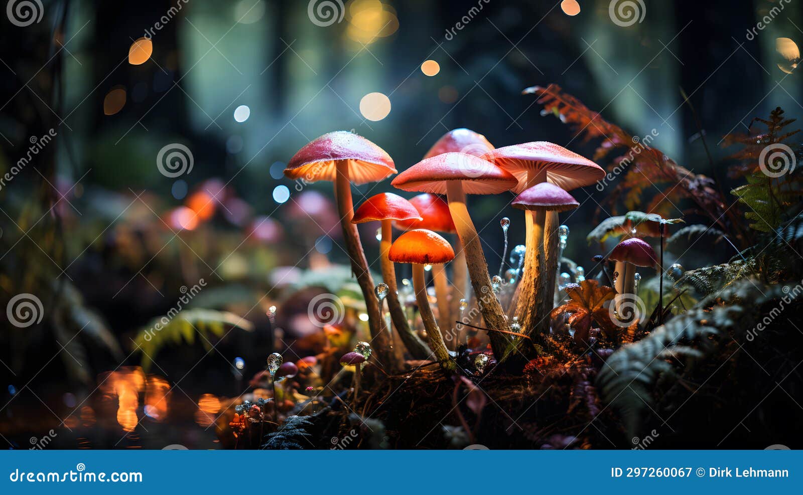 a mesmerizing capture of a variety of mushrooms thriving in a mystical forest, showcasing the diverse and vibrant world of fungi