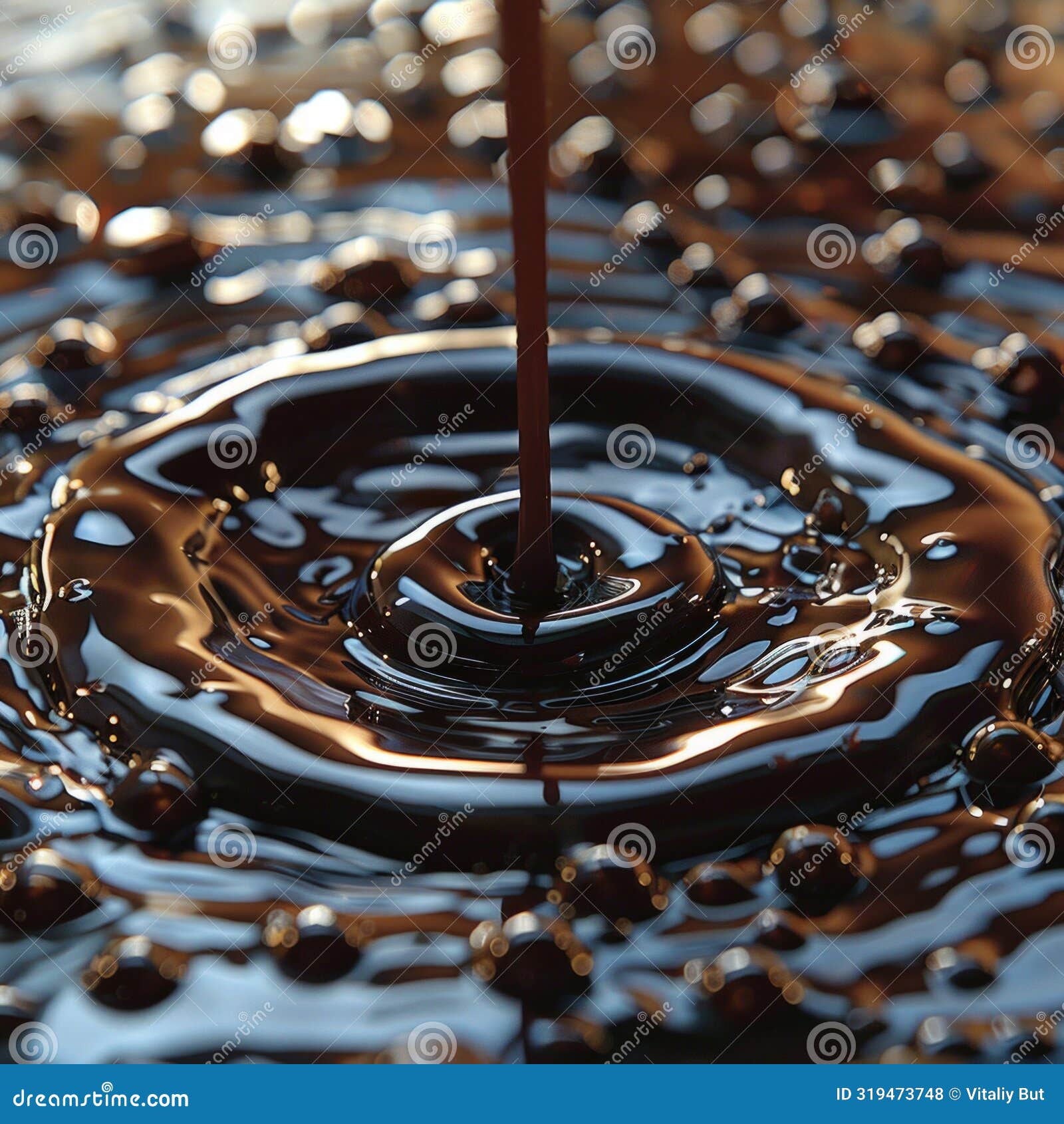 a mesmerizing close-up of a single water drop filled with rich, brown liquid resembling a swirl of chocolate and cream