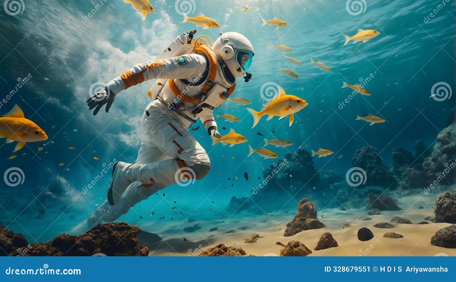a mesmerizing concept art of an astronaut exploring an underwater world