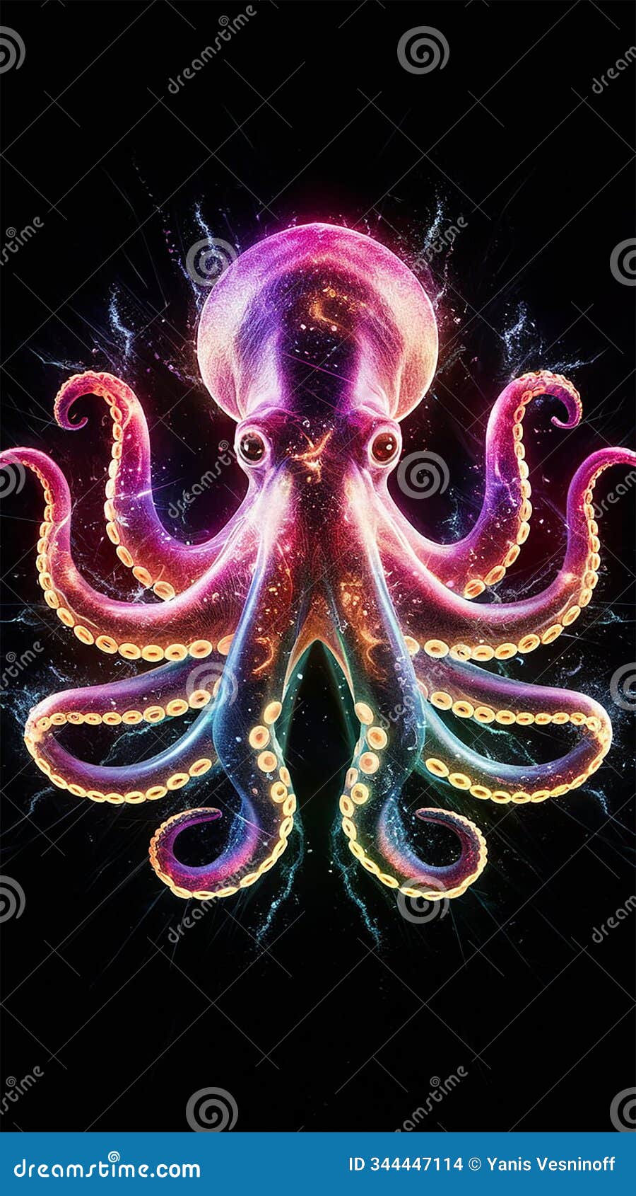 a mesmerizing 3d hologram  featuring a stunningly colorful and glowing octopus