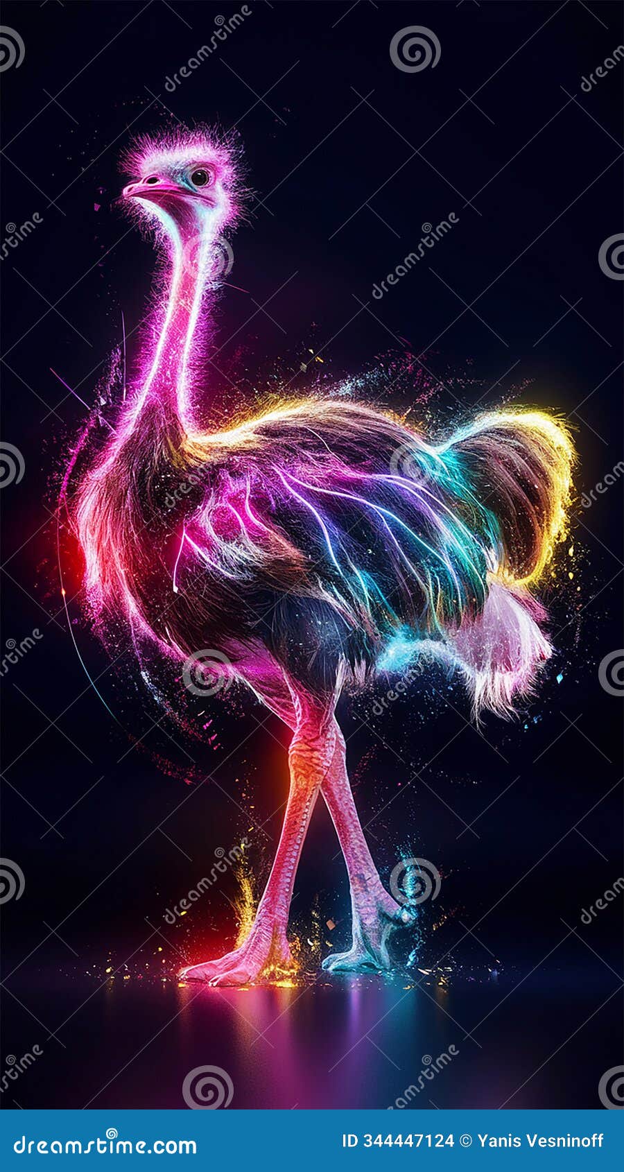 a mesmerizing 3d hologram  featuring a vibrant and artistic ostrich illuminated with neon colors