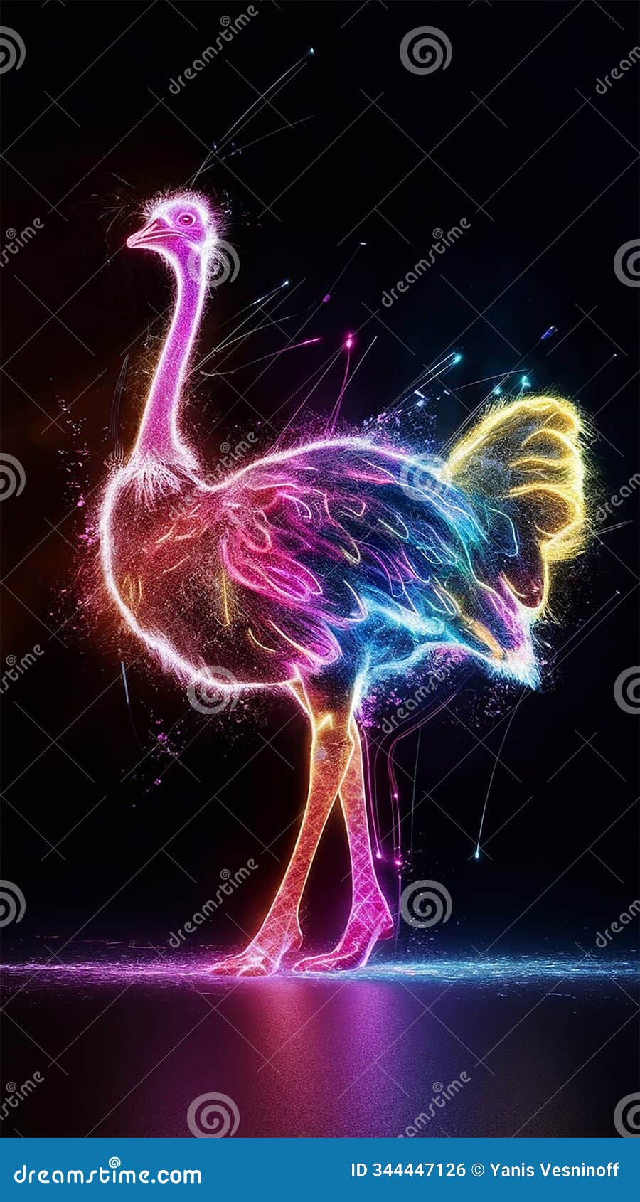 a mesmerizing 3d hologram  featuring a vibrant and artistic ostrich illuminated with neon colors