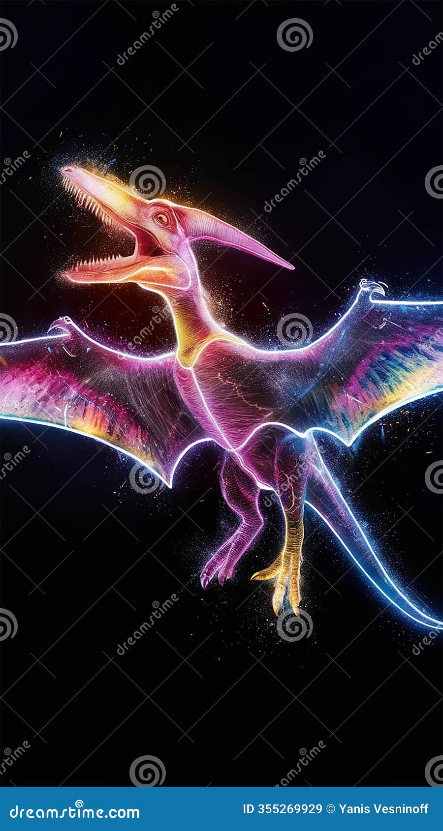 a mesmerizing 3d hologram  featuring a vibrant, neon-colored pterodactyl