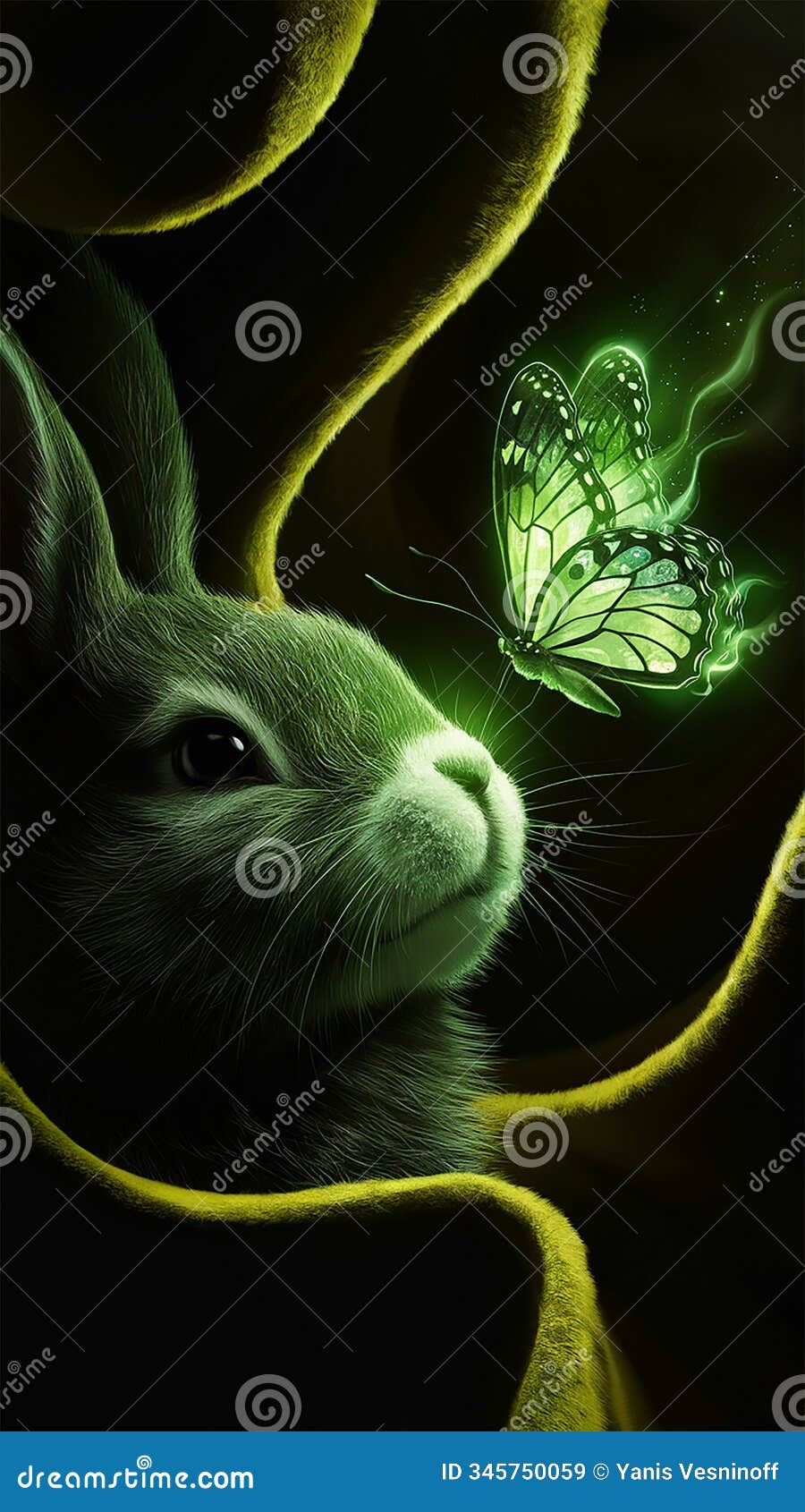 a mesmerizing 3d render of a nocturnal scene featuring a bunny and a luminous green-winged butterfly