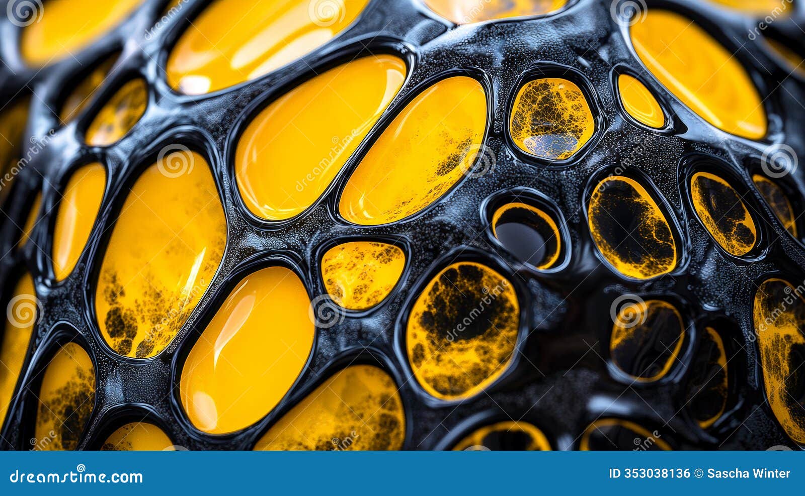 a mesmerizing macro photograph of ferrofluid art showcasing intricate cellular patterns in a high-contrast yellow and black color