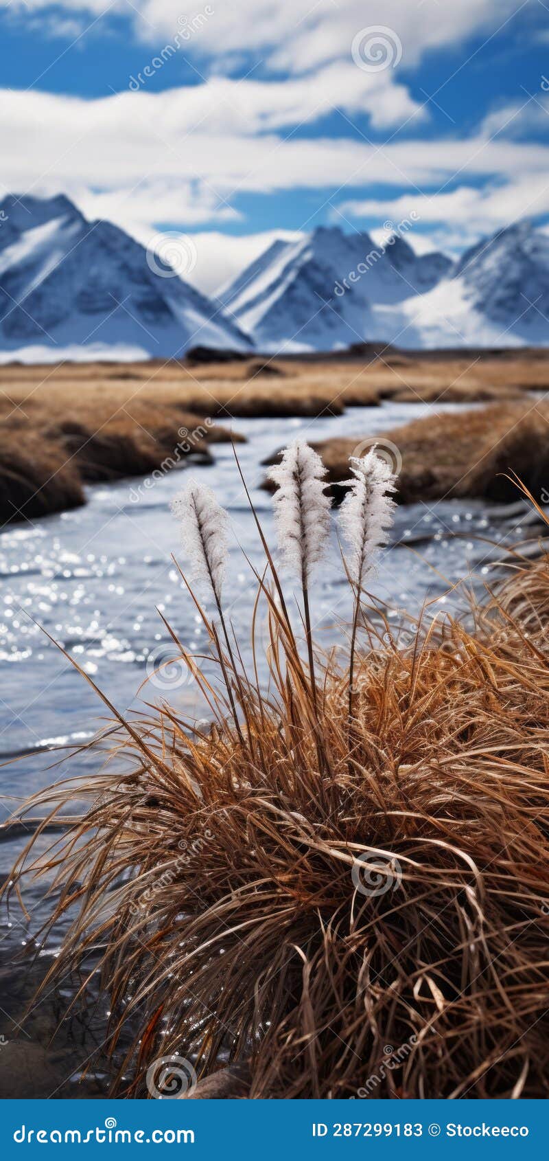brown grass and mountain view: a stunning snow scene with luminosity and attention to detail