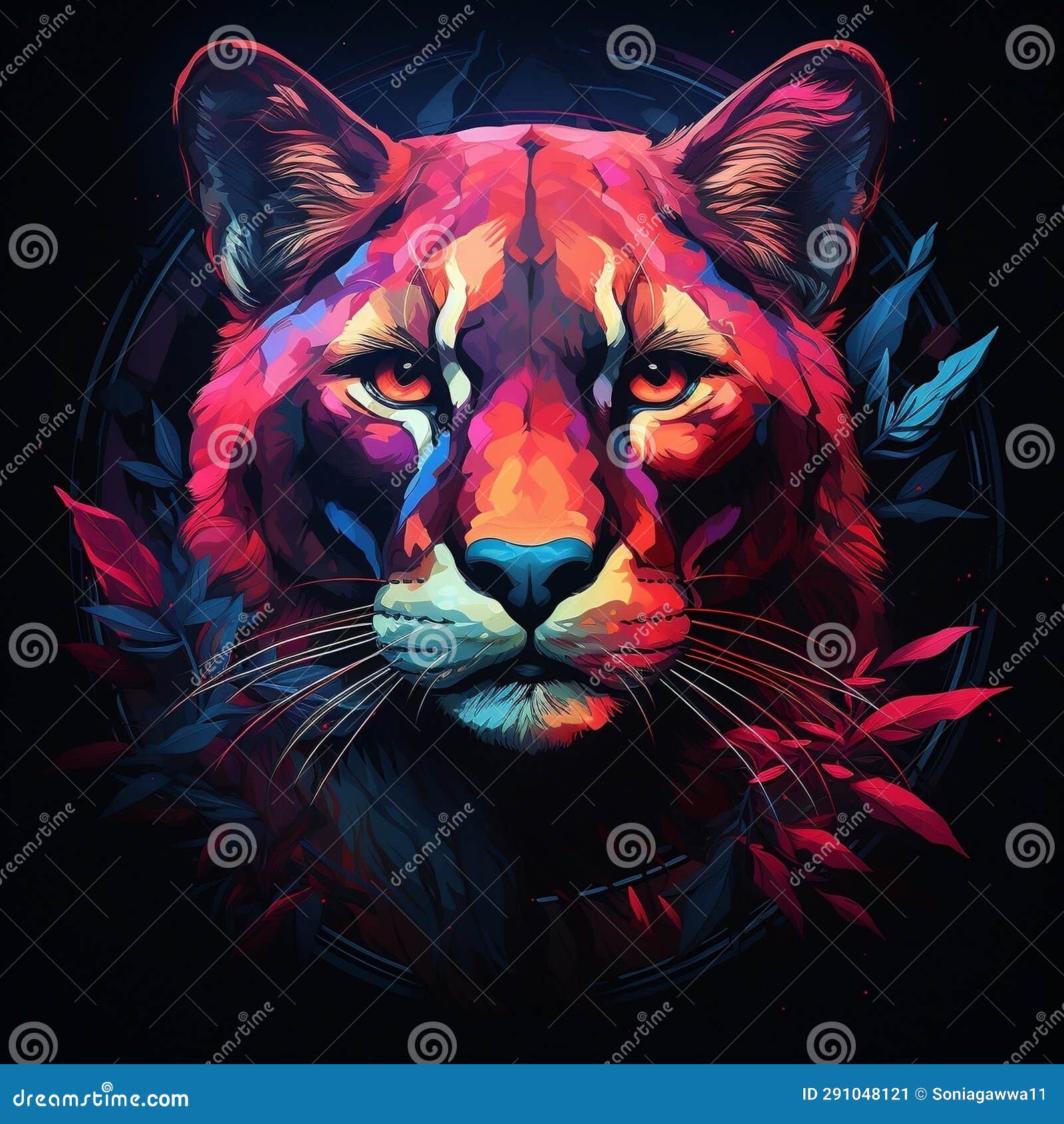 a mesmerizing top-down view of a cougar illuminated with synthwave colors by ai generated