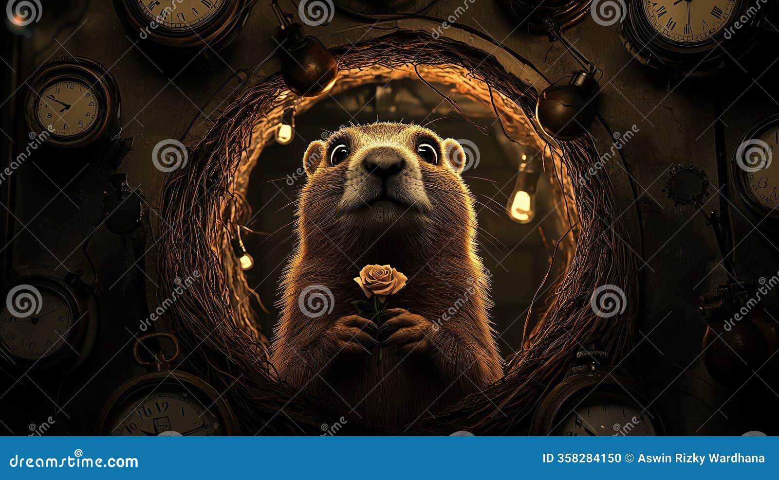 a mesmerizing valentine-themed surreal artwork of a groundhog ensnared in an eternal time loop. the scene bursts with romance
