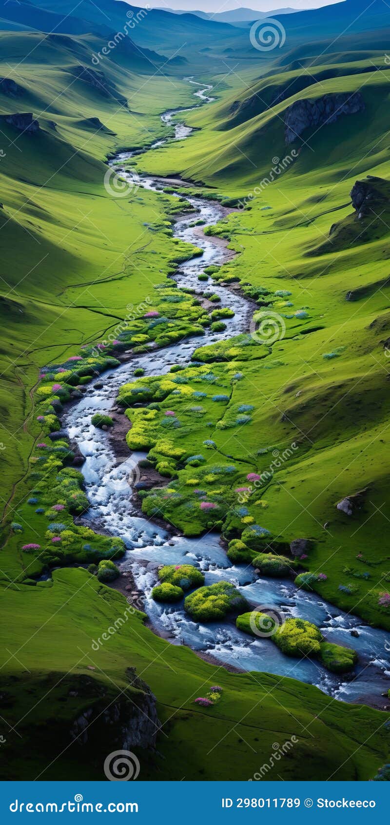 tranquil aerial view of colorful river and lush grasslands