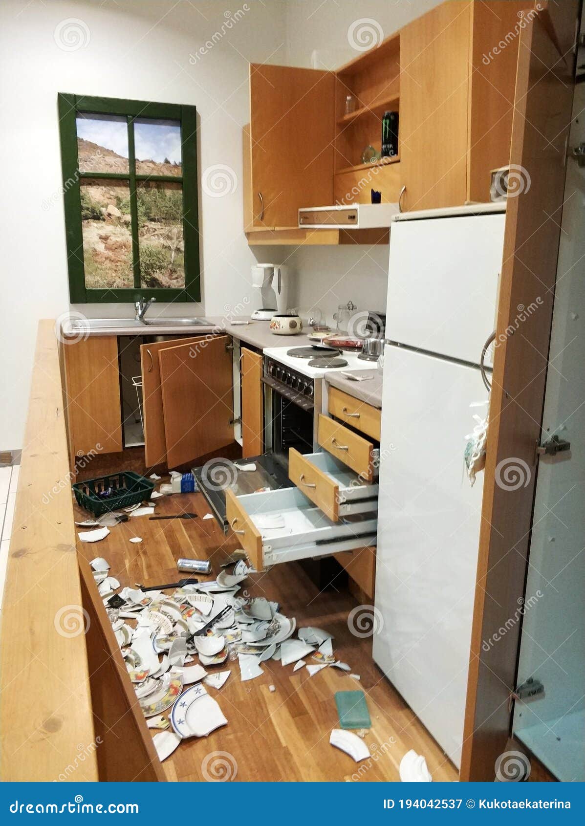 A Mess in the Kitchen, Broken Dishes, Open Stock Image Image