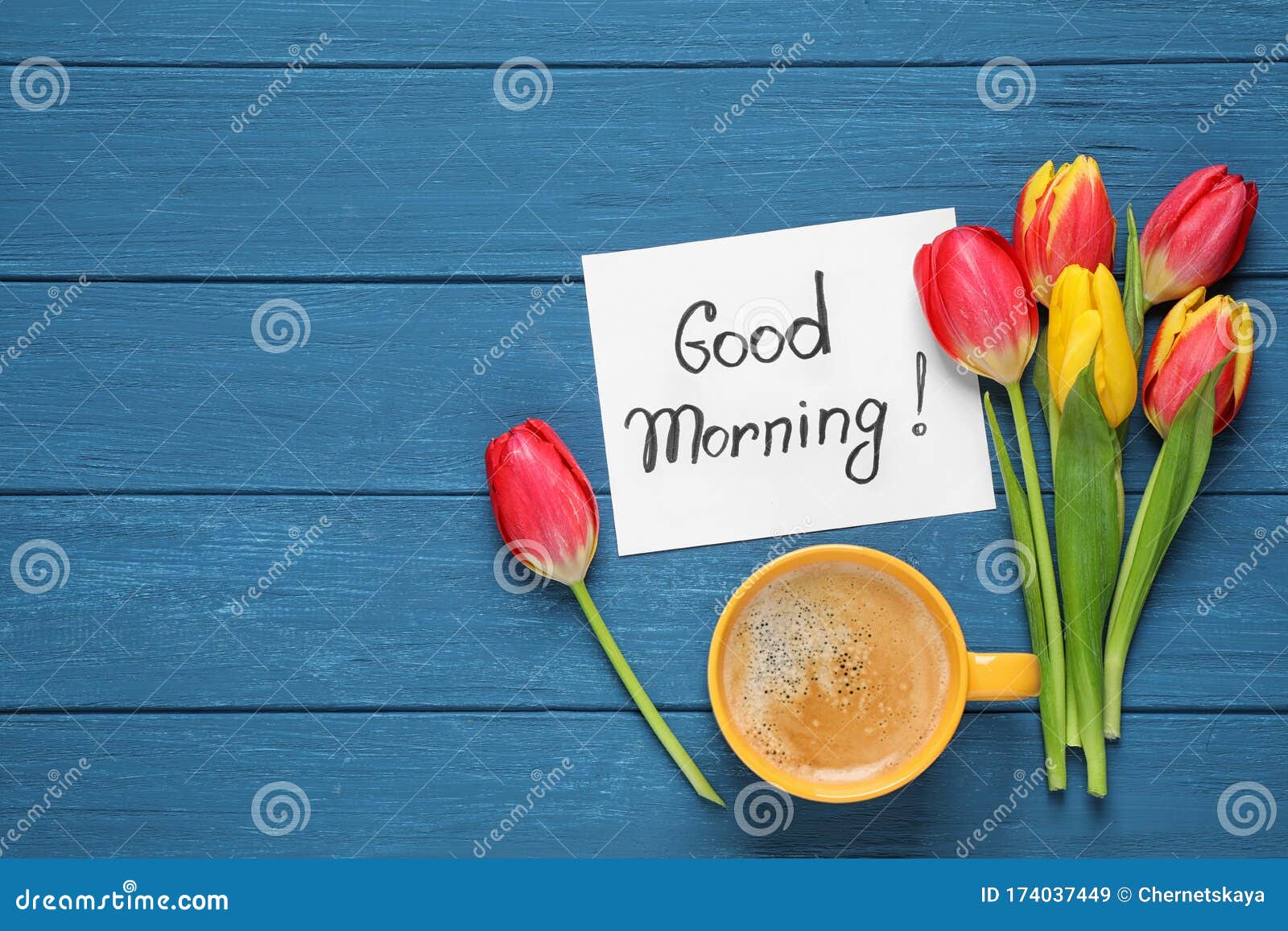Message GOOD MORNING, Tulips and Coffee on Blue Wooden Table, Flat ...