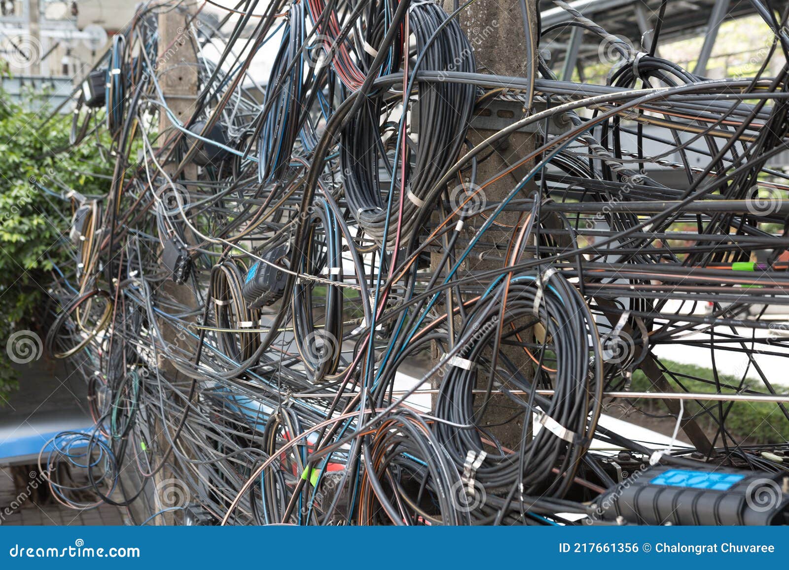 Messy and Dangerous High Voltage Cables in Bangkok, Thailand Stock