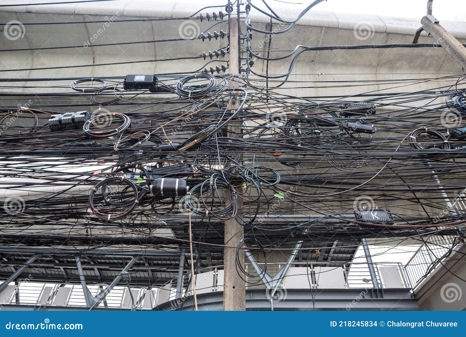 Messy and Dangerous High Voltage Cables in Bangkok, Thailand Stock