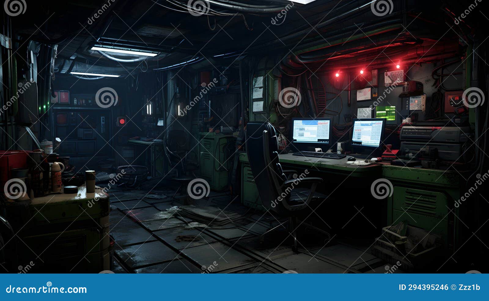 messy and dark cyberpunk hacker hideout room. neural network generated image