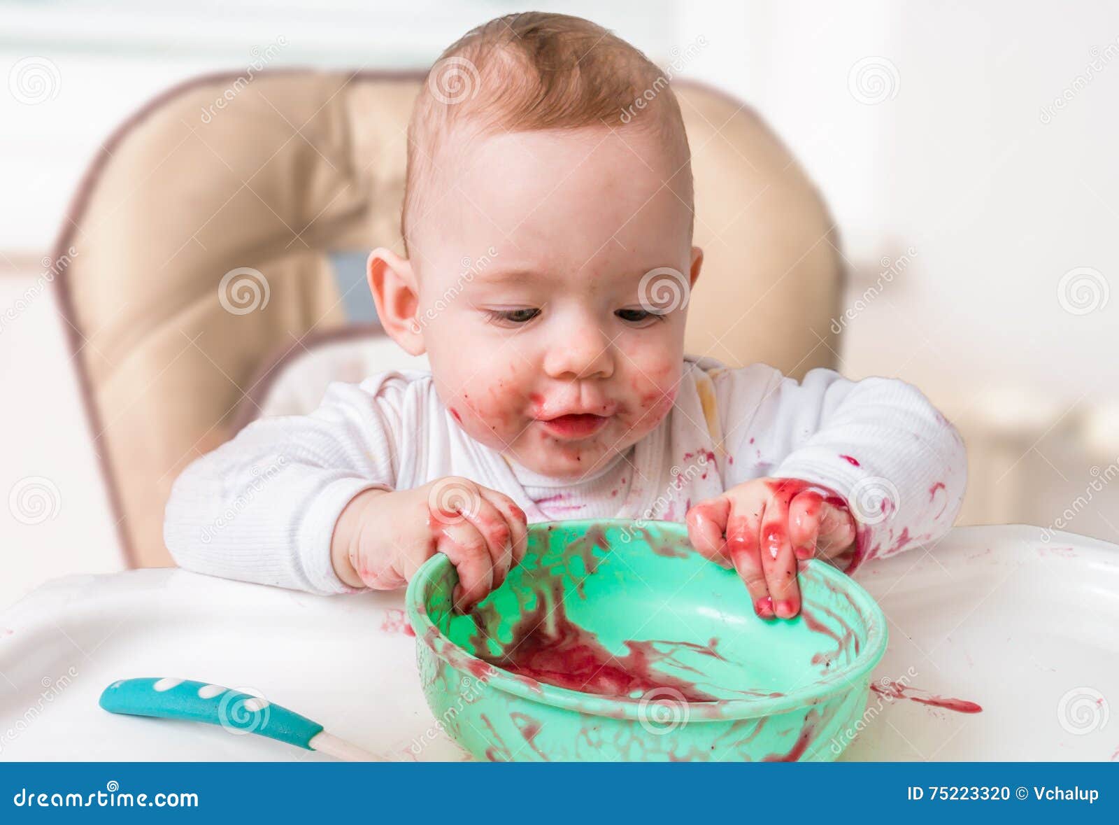 Messy and Dirty Baby is Eating from Bowl Stock Photo Image of little