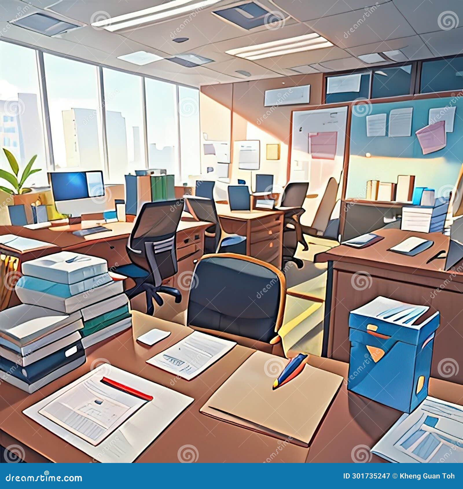 Messy, Disorganized Office, Cute Simple Anime Style Illustration Stock ...