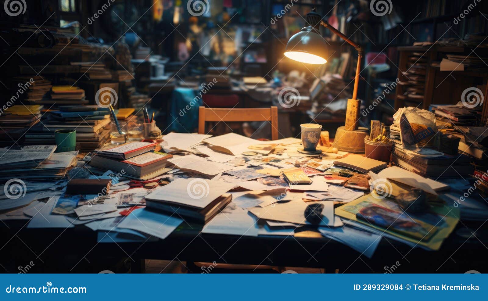 a messy and lived-in workspace, with scattered papers, open books, and creative materials strewn across the desk.