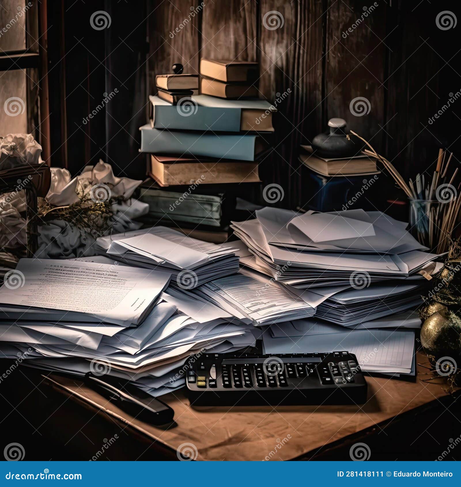 Messy Office Desk with Piles of Books, Calculator, and Paper Stock ...