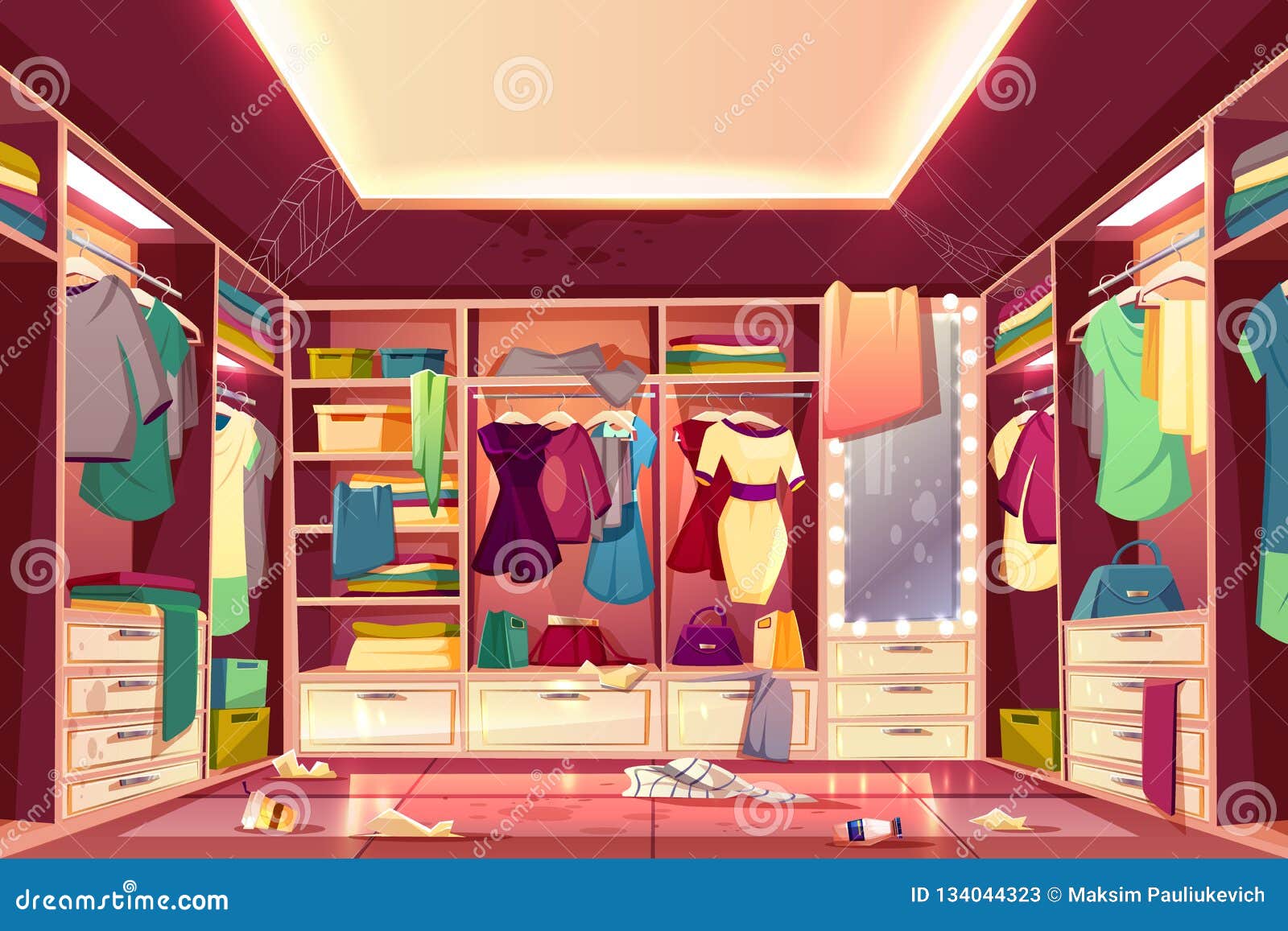 Messy Walk in Closet Interior Cartoon Vector Stock Vector - Illustration of  careless, clutter: 134044323