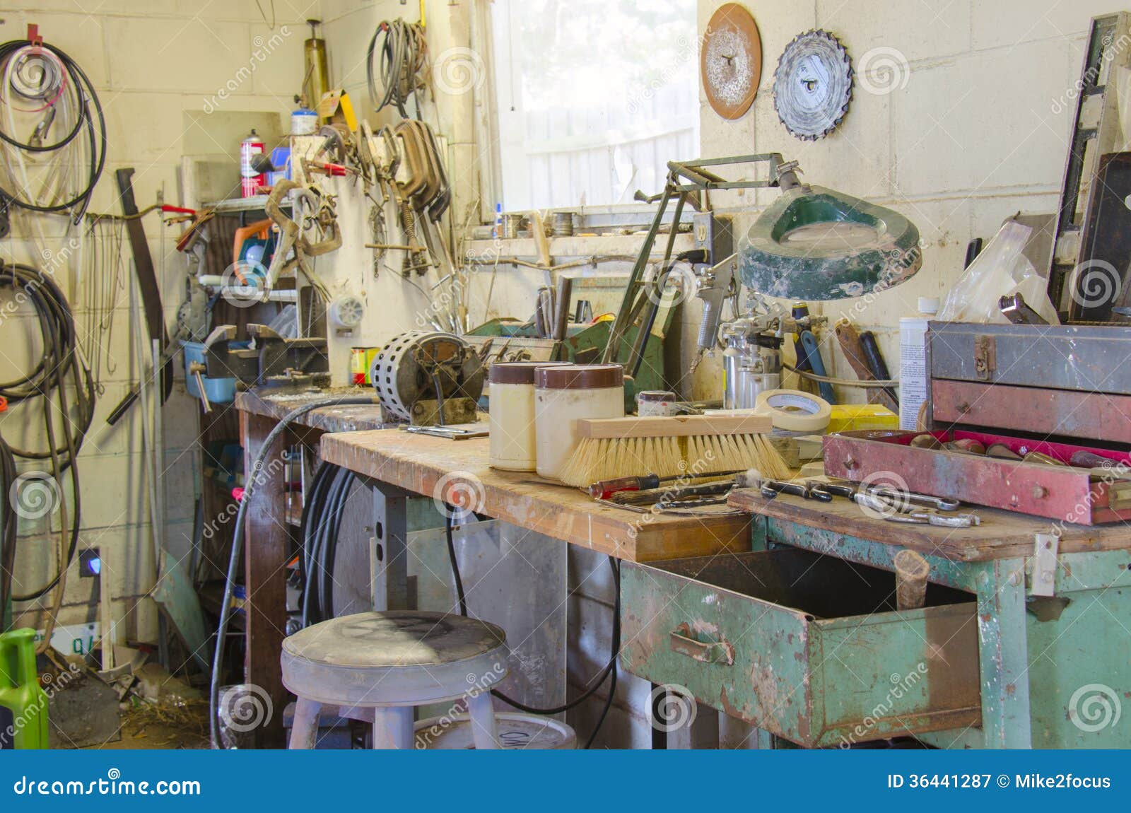 Messy Workshop With Many Types Of Tools Stock Image - Image of tools