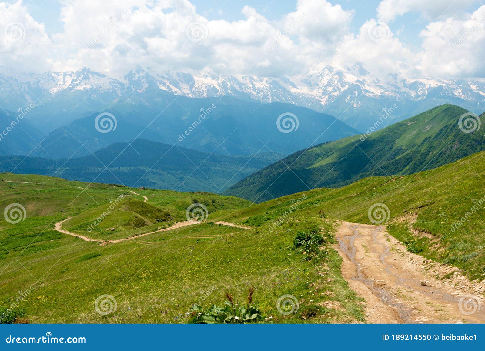 hiking trail leading from mestia to koruldi lakes. a famous landscape in mestia, samegrelo-zemo svaneti, georgia