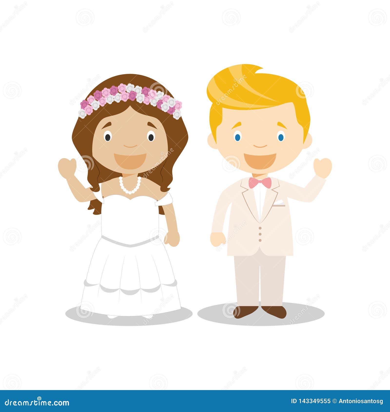 mestizo bride and caucasian bridegroom interracial newlywed couple in cartoon style  