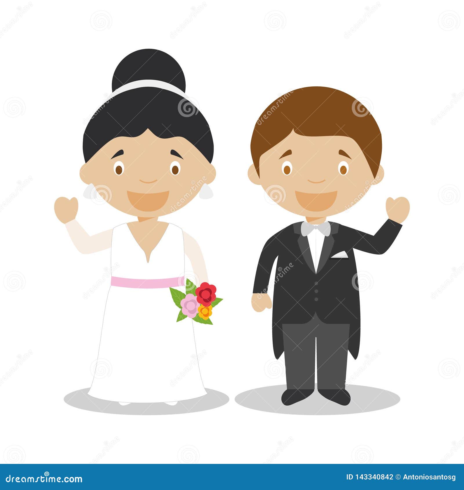 mestizo newlywed couple in cartoon style  