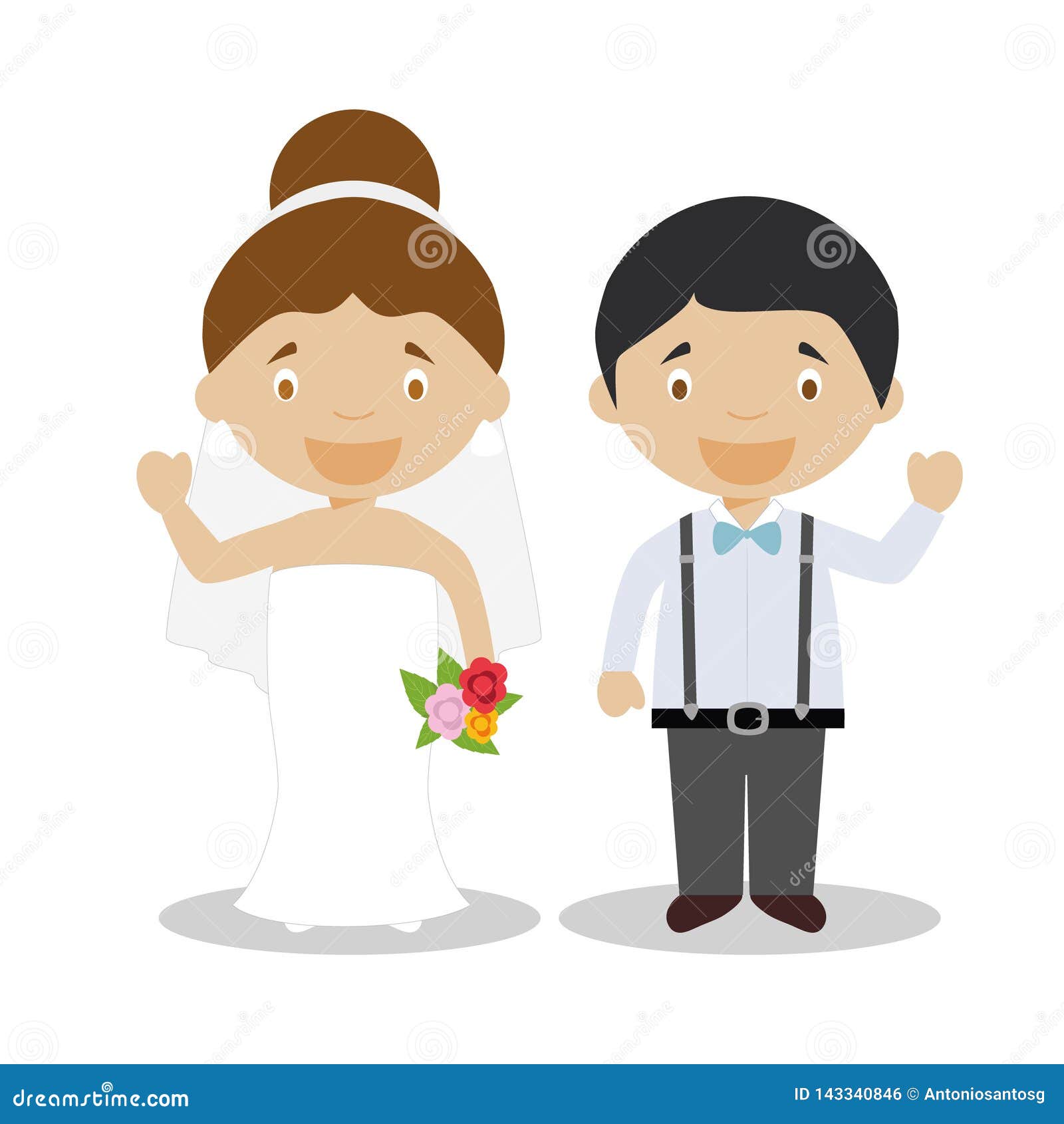 mestizo newlywed couple in cartoon style  