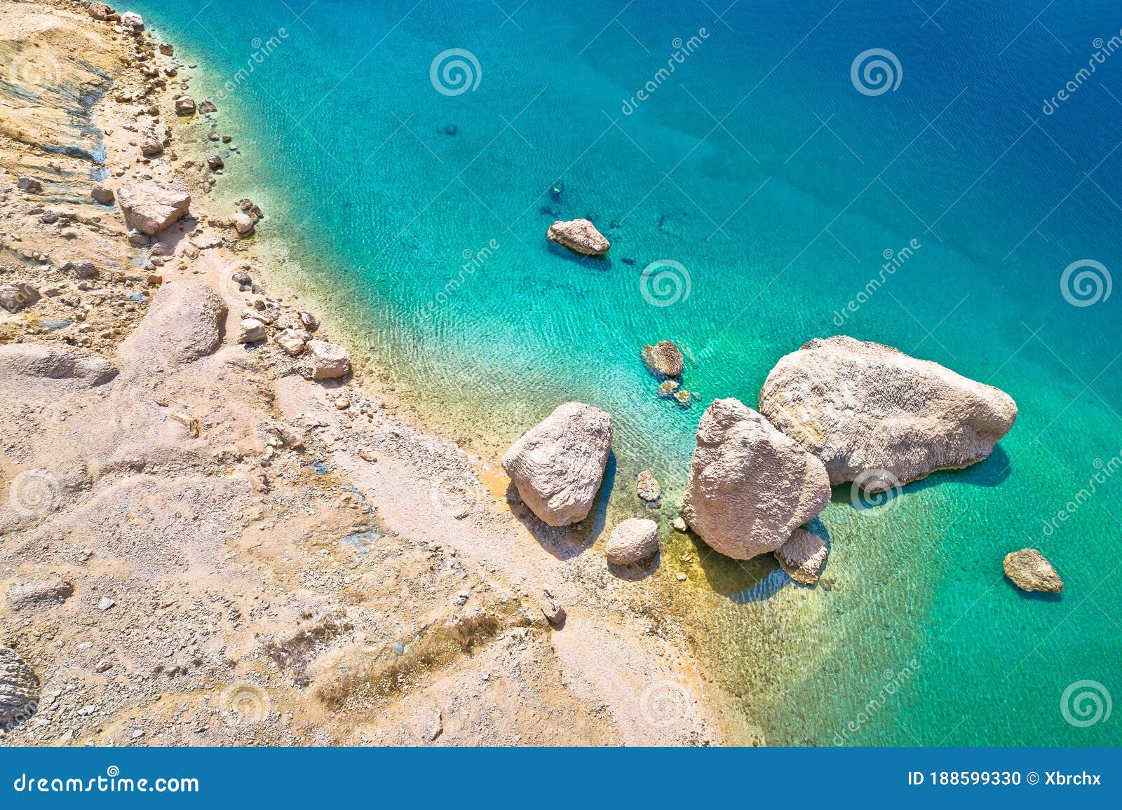 metajna, island of pag. famous beritnica beach in stone desert amazing scenery aerial view