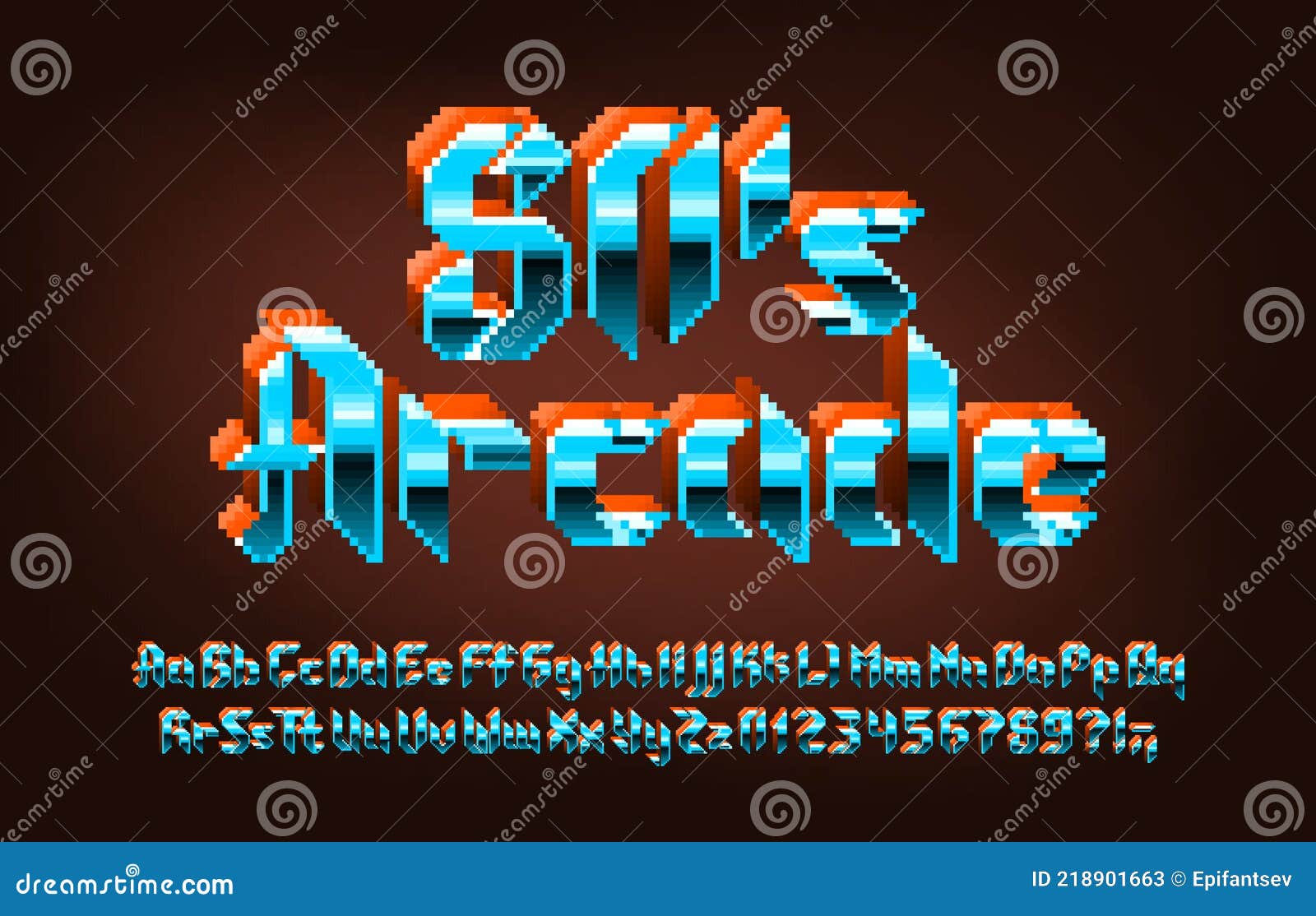 80s Arcade Alphabet Font. 3D Pixel Letters, Numbers and Punctuations in