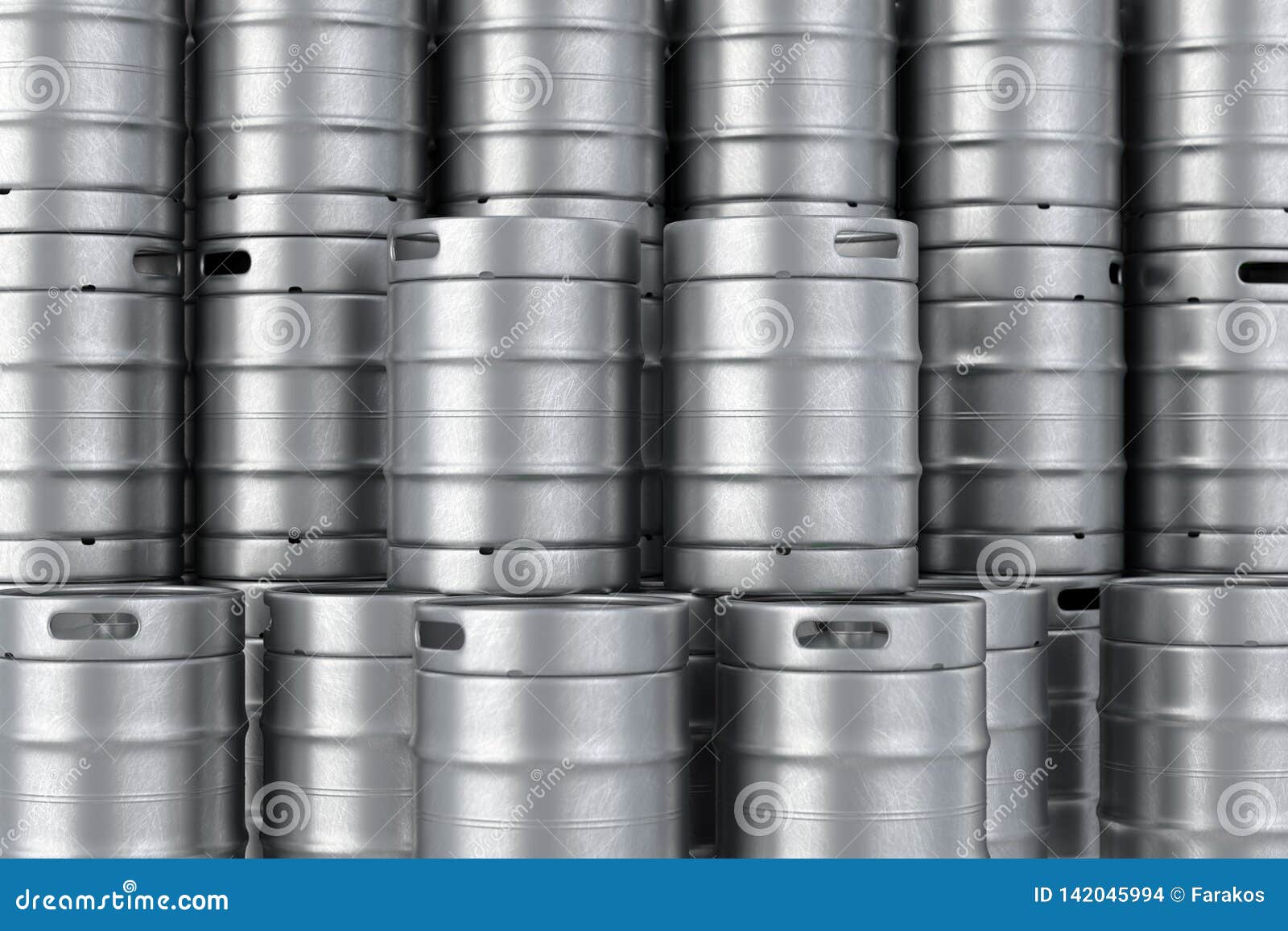 Metal Beer Kegs Stack Background. 3D Illustration Stock Photo Image