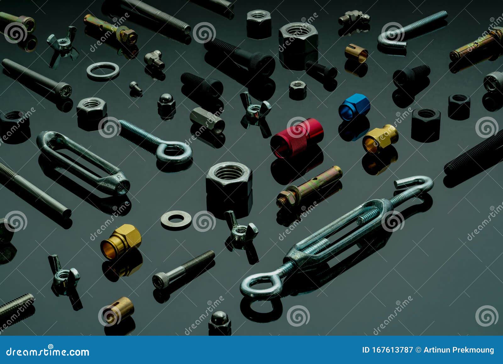 Metal Bolts, Nuts, and Washers. Fasteners Equipment. Hardware Tools