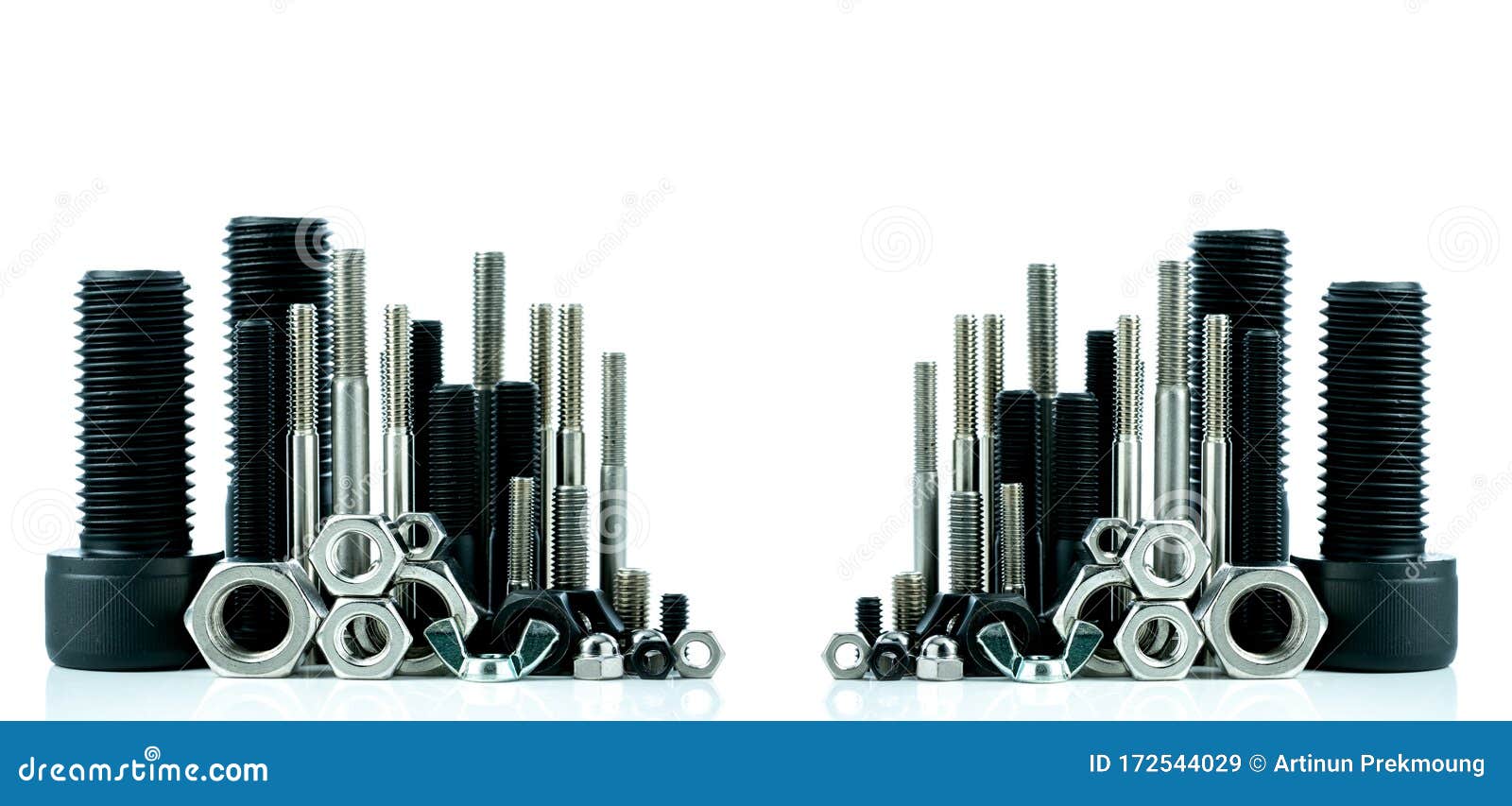 Metal Bolts and Nuts on White Background. Fasteners Equipment. Hardware