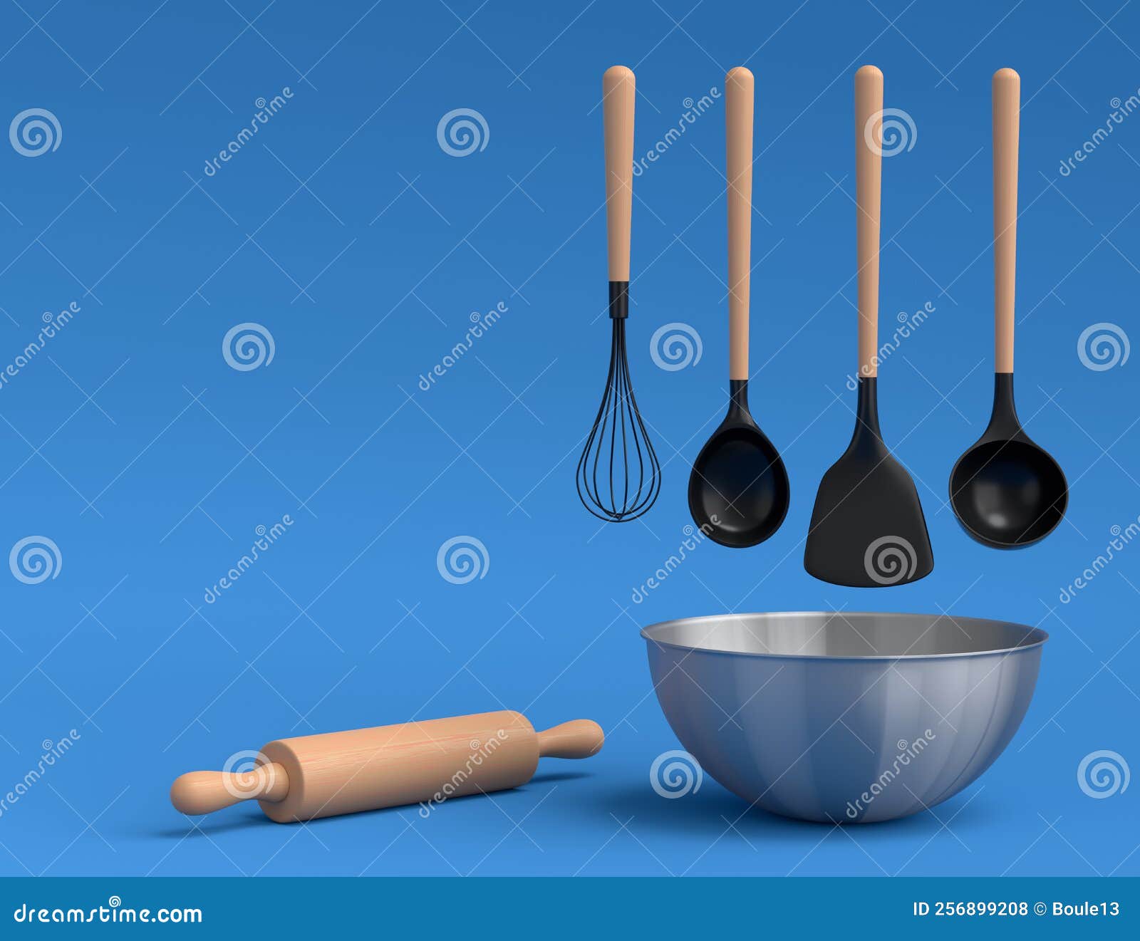 Metal Bowl with Kitchen Utensil for Preparation of Dough on Blue