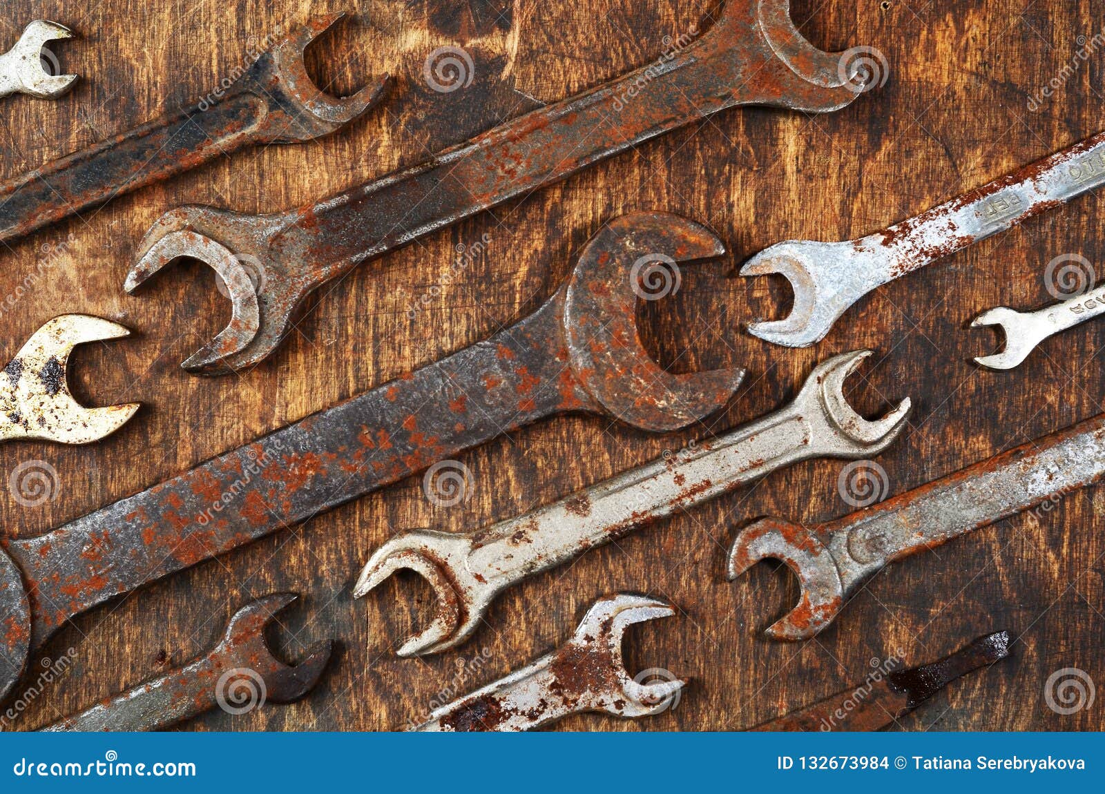 Metal Bunch Wrench Rusty Iron Metal Tools Lying on Dark Wooden T Stock ...