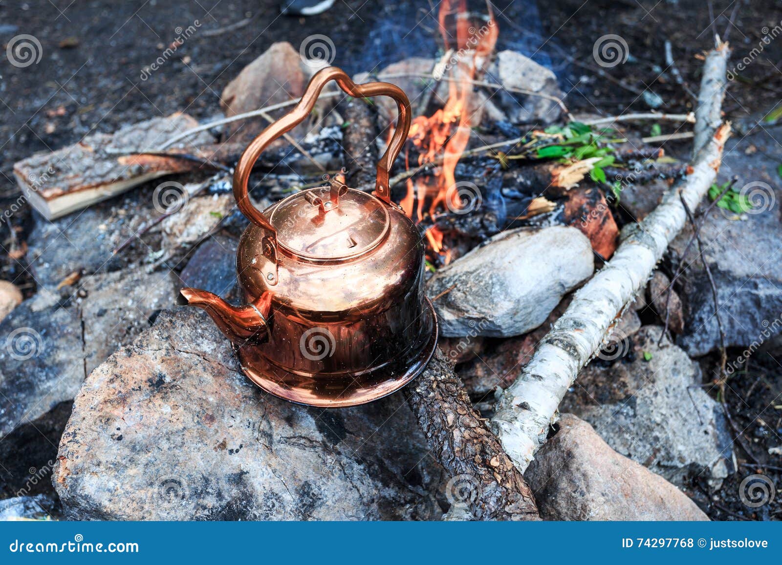 Metal Camp Kettle Hanging Over the Campfire Stock Photo Image of